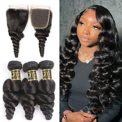 QT 14A Grade Brazilian Loose Wave Human Hair Bundles with 4x4 Lace Closure