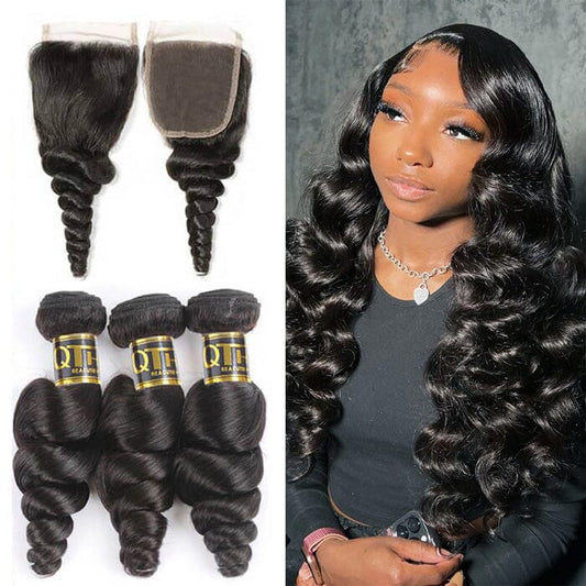QT 14A Grade Brazilian Loose Wave Human Hair Bundles with 4x4 Lace Closure