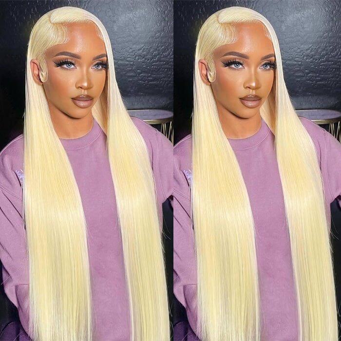QT 14A #613 Blonde Straight Hair 4 Bundles with Lace Frontal Platinum Blonde Human Hair