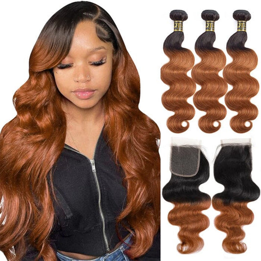 QT 1B/30 Body Wave 3 Bundles with Lace Closure Dark Roots Ombre Human Hair