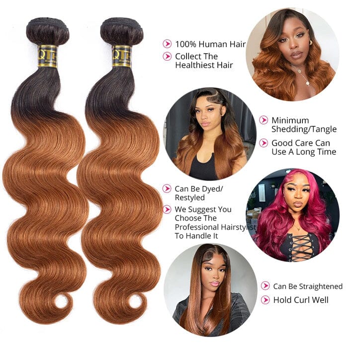QT 1B/30 Body Wave 3 Bundles with Lace Closure Dark Roots Ombre Human Hair