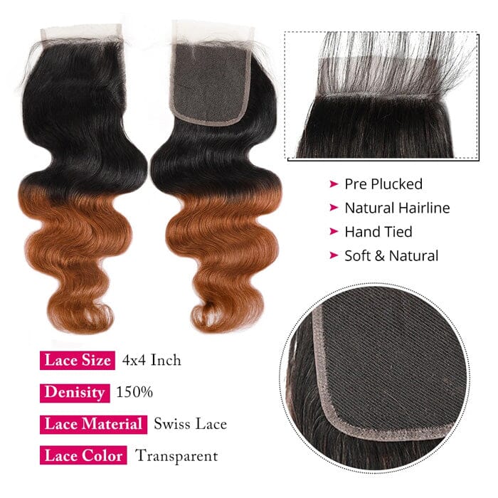 QT 1B/30 Body Wave 3 Bundles with Lace Closure Dark Roots Ombre Human Hair