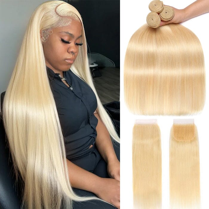 QT 613 Blond Straight Hair 3 Bundles with 4x4 Lace Closure Human Hair