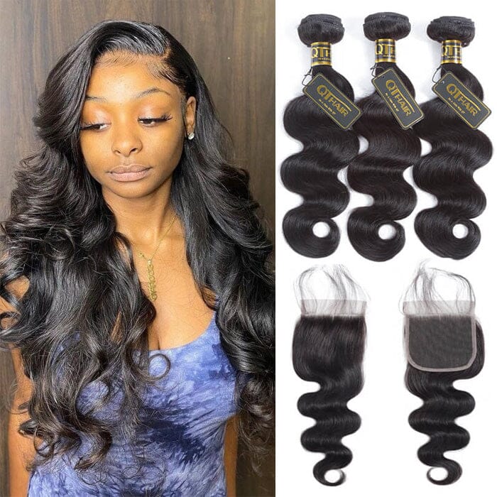 QT Hair Brazilian Body Wave Raw Virgin Human Hair Weave Bundles with Closure