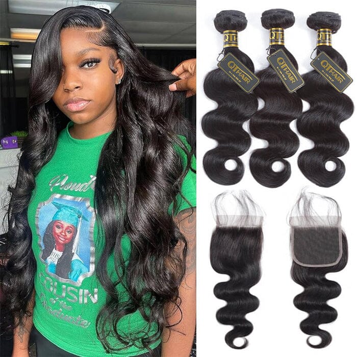 QT Hair Brazilian Body Wave Raw Virgin Human Hair Weave Bundles with Closure
