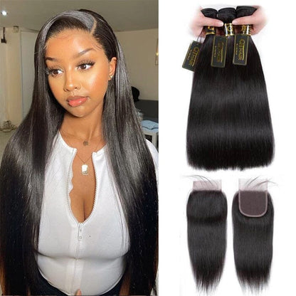QT Hair Brazilian Virgin Straight Human Hair Bundles with Lace Frontal Closure