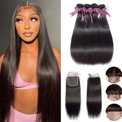 Peruvian Straight 4 Bundles with 4x4 Lace Closure Human Hair Bundles Weave Extensions