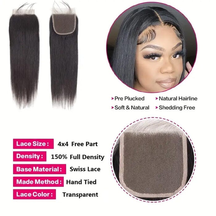 Indian Straight Raw Virgin Human Hair 4 Bundles with 4*4 Lace Closure Pre Plucked