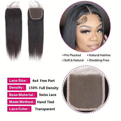 Indian Straight Raw Virgin Human Hair 4 Bundles with 4*4 Lace Closure Pre Plucked