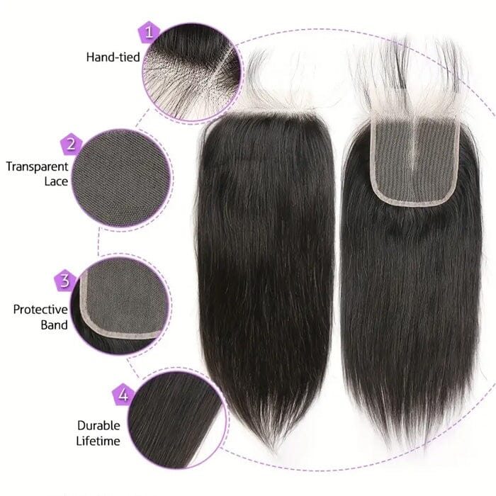 Peruvian Straight 4 Bundles with 4x4 Lace Closure Human Hair Bundles Weave Extensions