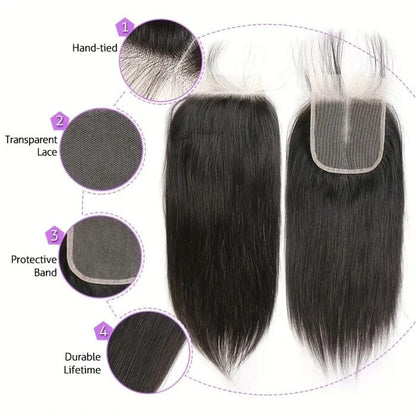 Peruvian Straight 4 Bundles with 4x4 Lace Closure Human Hair Bundles Weave Extensions