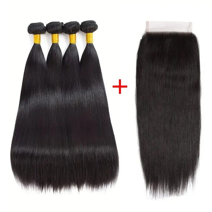Peruvian Straight 4 Bundles with 4x4 Lace Closure Human Hair Bundles Weave Extensions