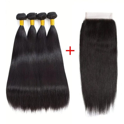 Peruvian Straight 4 Bundles with 4x4 Lace Closure Human Hair Bundles Weave Extensions