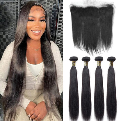 Straight Malaysian Human Hair 4 Bundles with Frontal Natural Black Color for Women