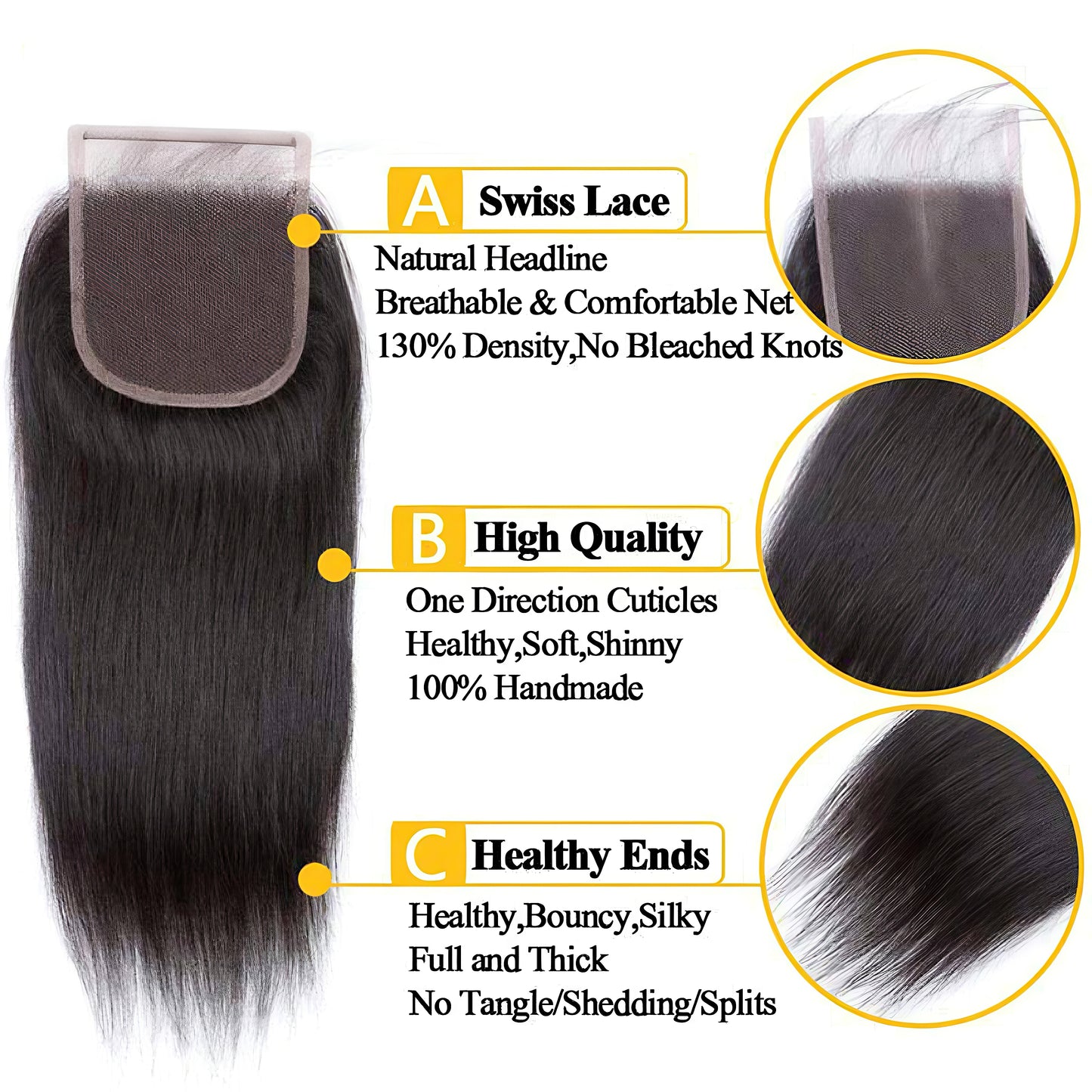Hair Virgin Straight Human Hair Bundles with Lace Frontal Closure