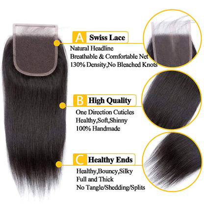 Hair Virgin Straight Human Hair Bundles with Lace Frontal Closure
