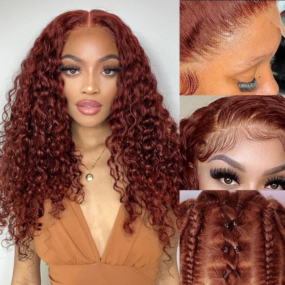 Reddish Brown Wig Human Hair 13x4/13x6 Curly Wig 33# Color Auburn Deep Wave Human Hair Wigs