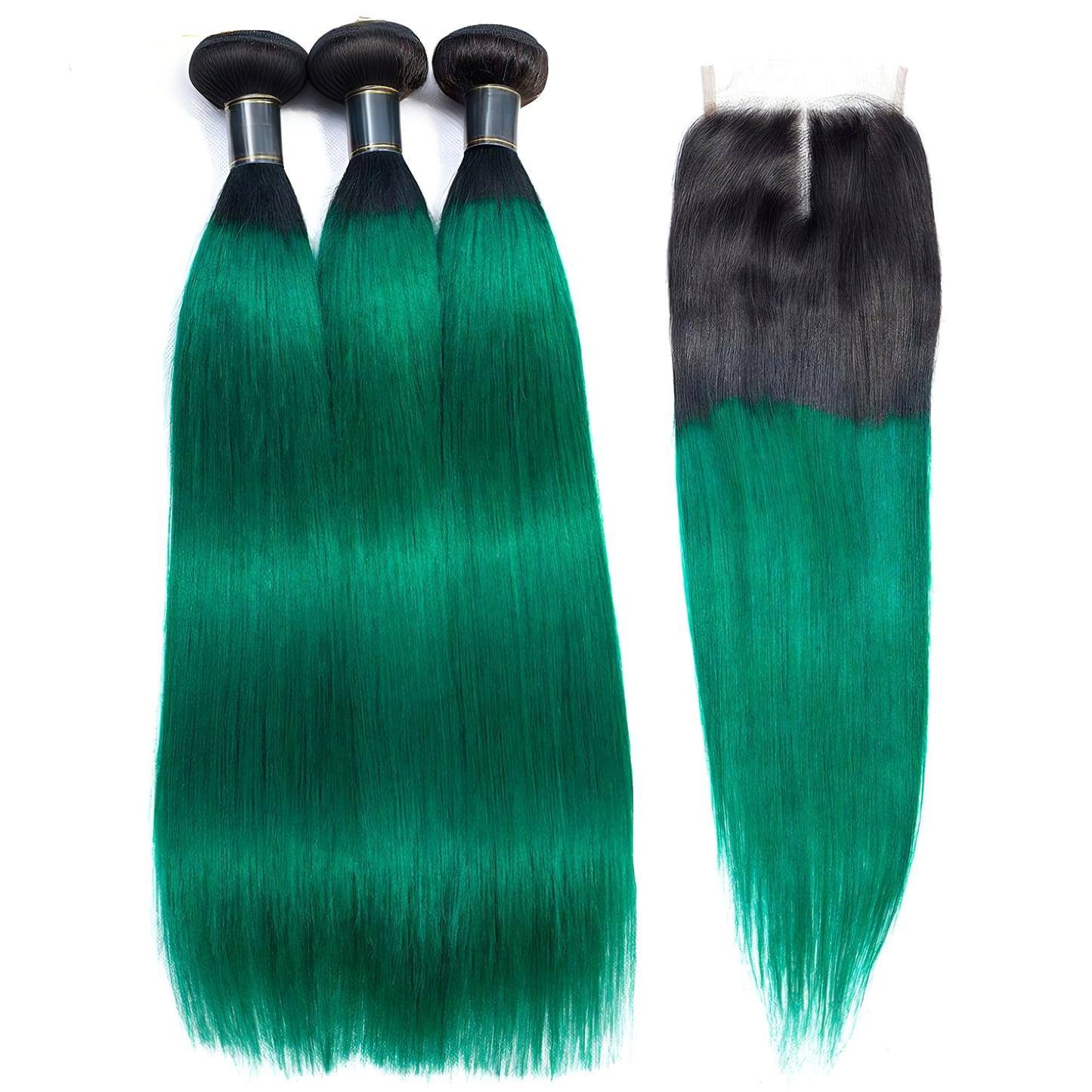 1B/Green Ombre Hair Staight 3 Bundles with Closure Dark Roots Turquoise Human Hair