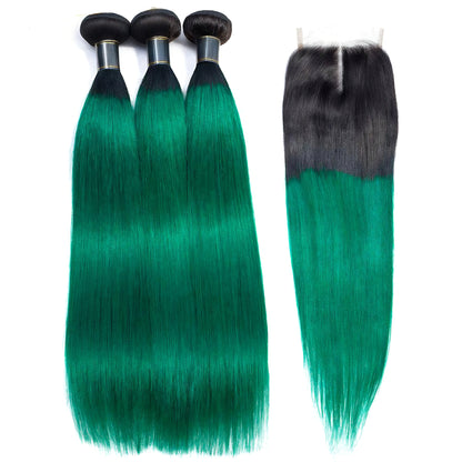 1B/Green Ombre Hair Staight 3 Bundles with Closure Dark Roots Turquoise Human Hair