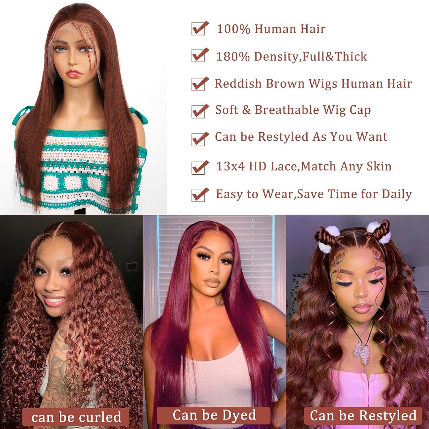 Reddish Brown Lace Front Wigs Human Hair Straight 13x4 HD Lace Front Wigs Human Hair Pre Plucked