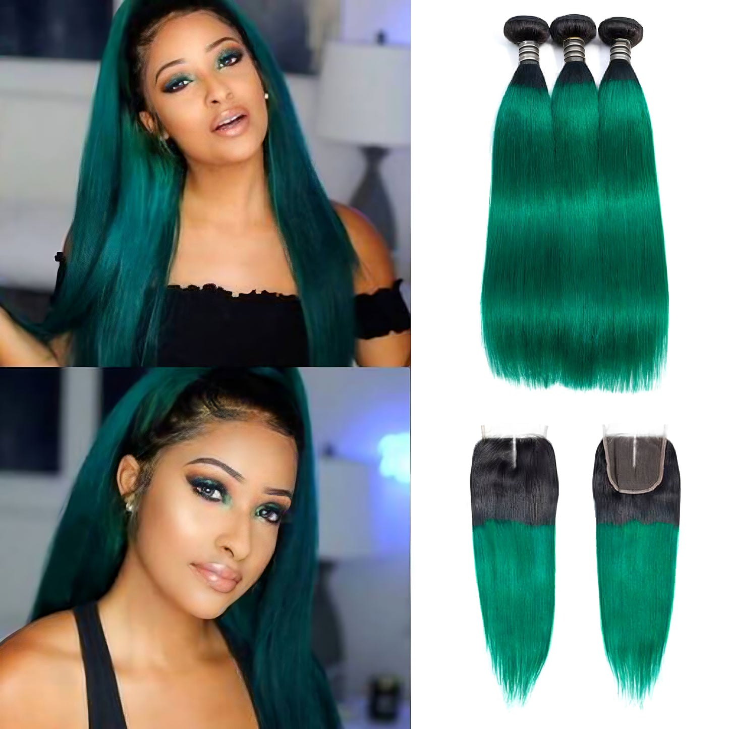 1B/Green Ombre Hair Staight 3 Bundles with Closure Dark Roots Turquoise Human Hair