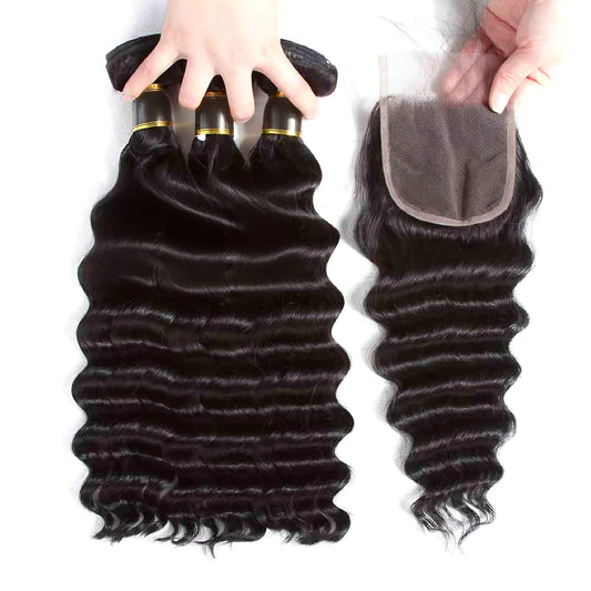Human Hair Loose Deep Wave 3 Bundles with 4x4 Lace Closure