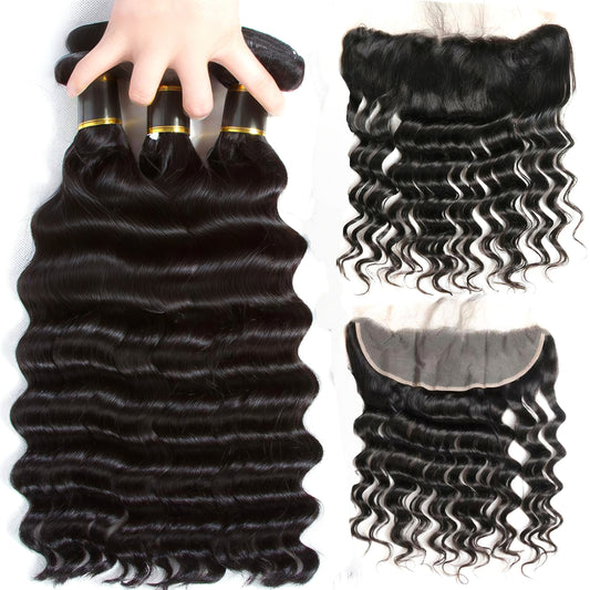 Loose Deep Wave 3 Bundles with 13x4 Lace Frontal Unprocessed Human Hair