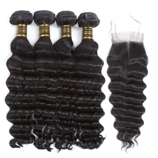 Virgin Human Hair 4 Bundles Loose Deep Wave with 4x4 Lace Closure