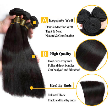 Straight Human Hair Weave 3 Bundles with 13x4 Lace Frontal Natural Color